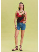 Patterned V Neck Thin Straps Red Summer Blouse 4437